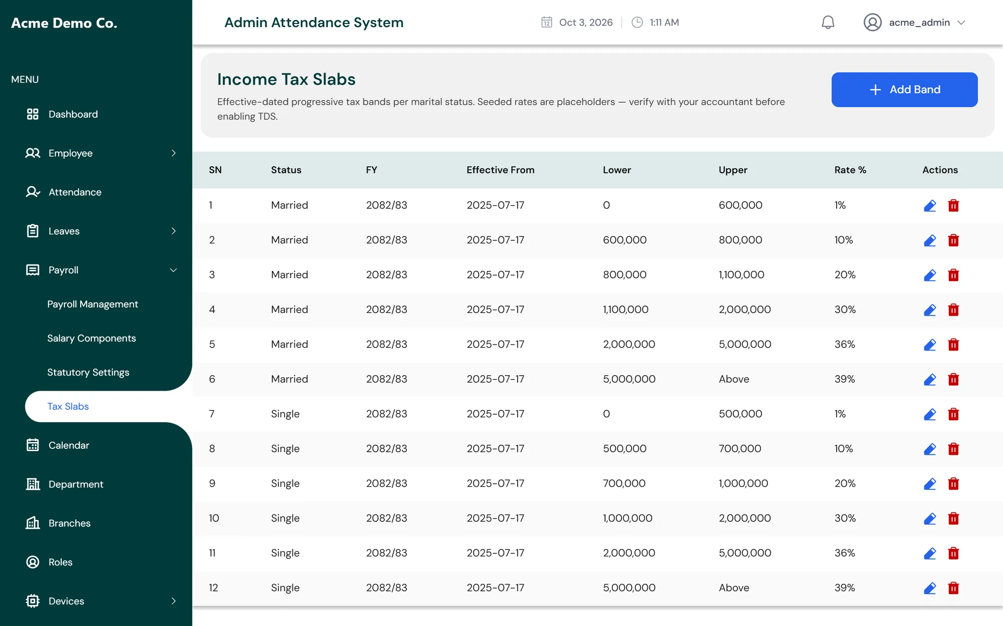 Income tax slab table with twelve FY 2082/83 bands for single and married filers, from 1% to 39%, each with an effective-from date.