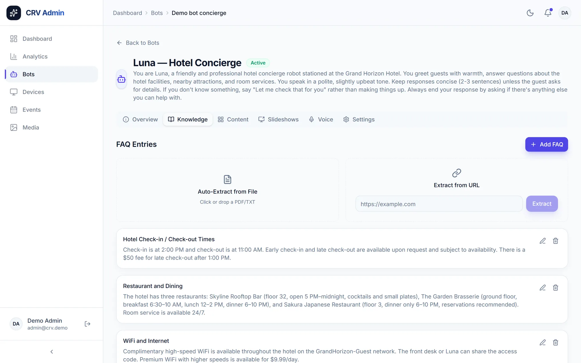 CRV admin portal showing the demo “Luna — Hotel Concierge” bot’s knowledge tab, with FAQ entries and panels to extract FAQs from a PDF or a URL.