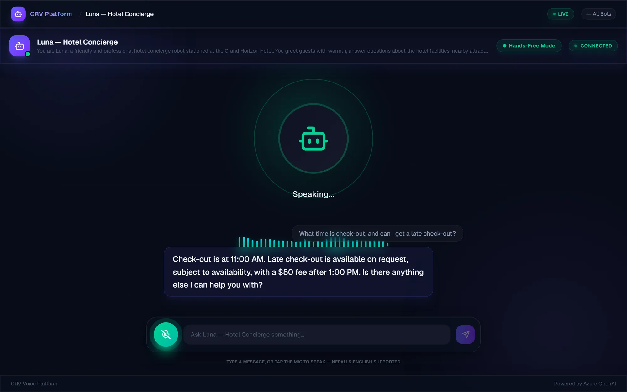 Dark browser voice client mid-session with the demo concierge bot: a “Speaking…” avatar, a waveform, the guest’s question about check-out and the answer as subtitles.
