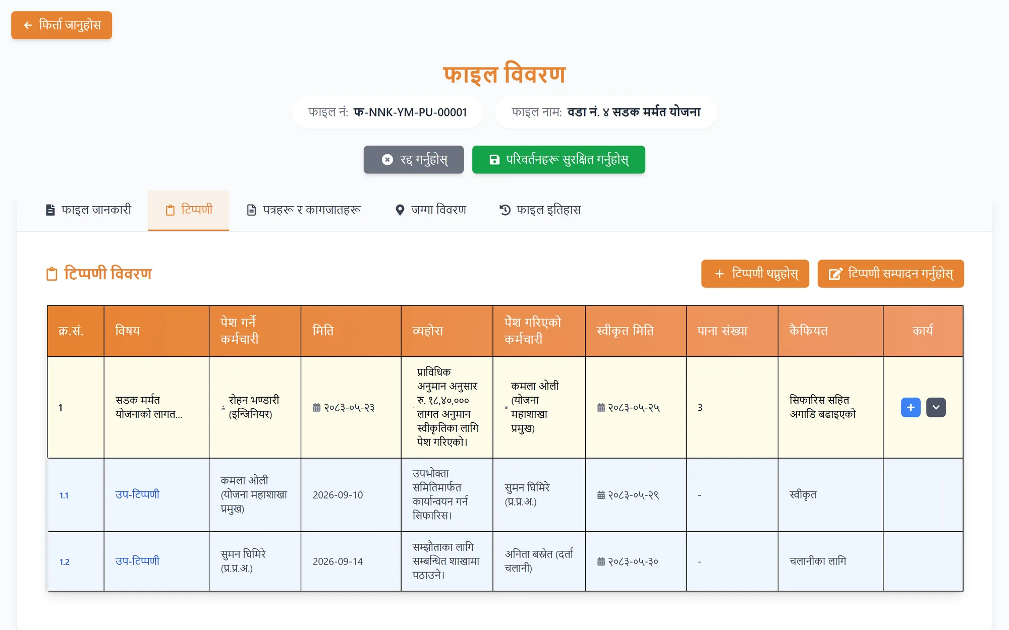 File detail with the Tippani tab open: a note drafted by an engineer and passed up through the division head to the chief administrative officer, with dates and approvals.