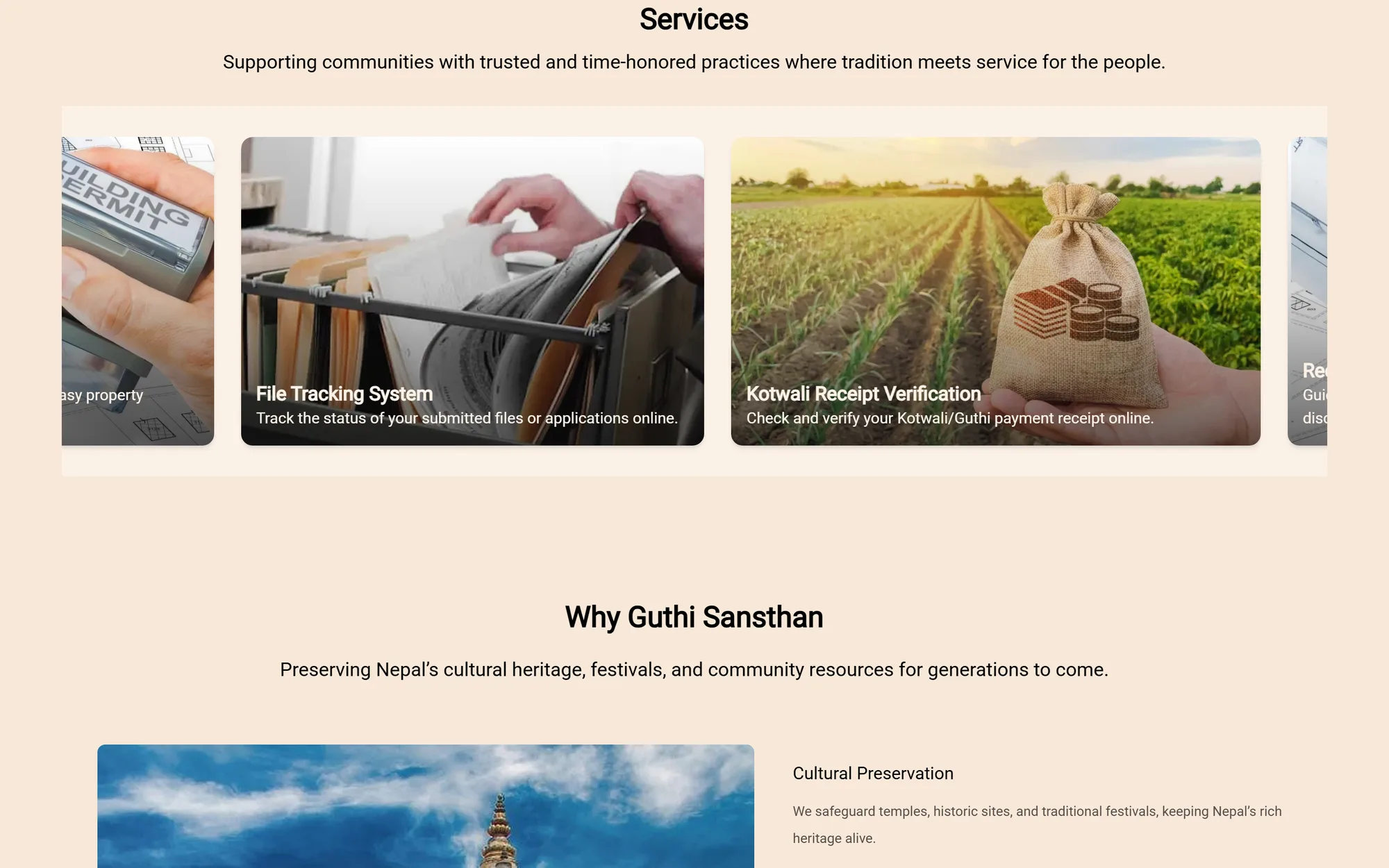 Services carousel linking out to the institution’s File Tracking System, Kotwali receipt verification and building-permit services.