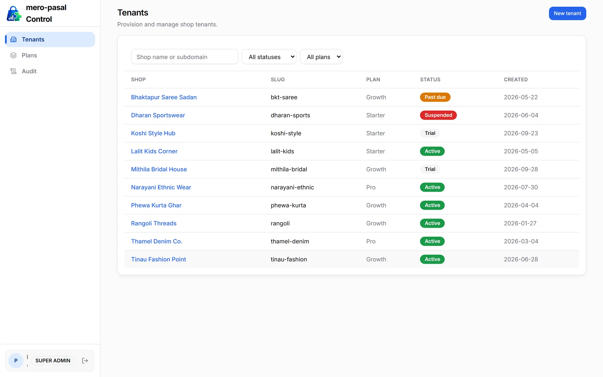 Platform “Tenants” console listing ten demo clothing shops with slug, plan, colour-coded status (Active, Trial, Past due, Suspended) and creation date.