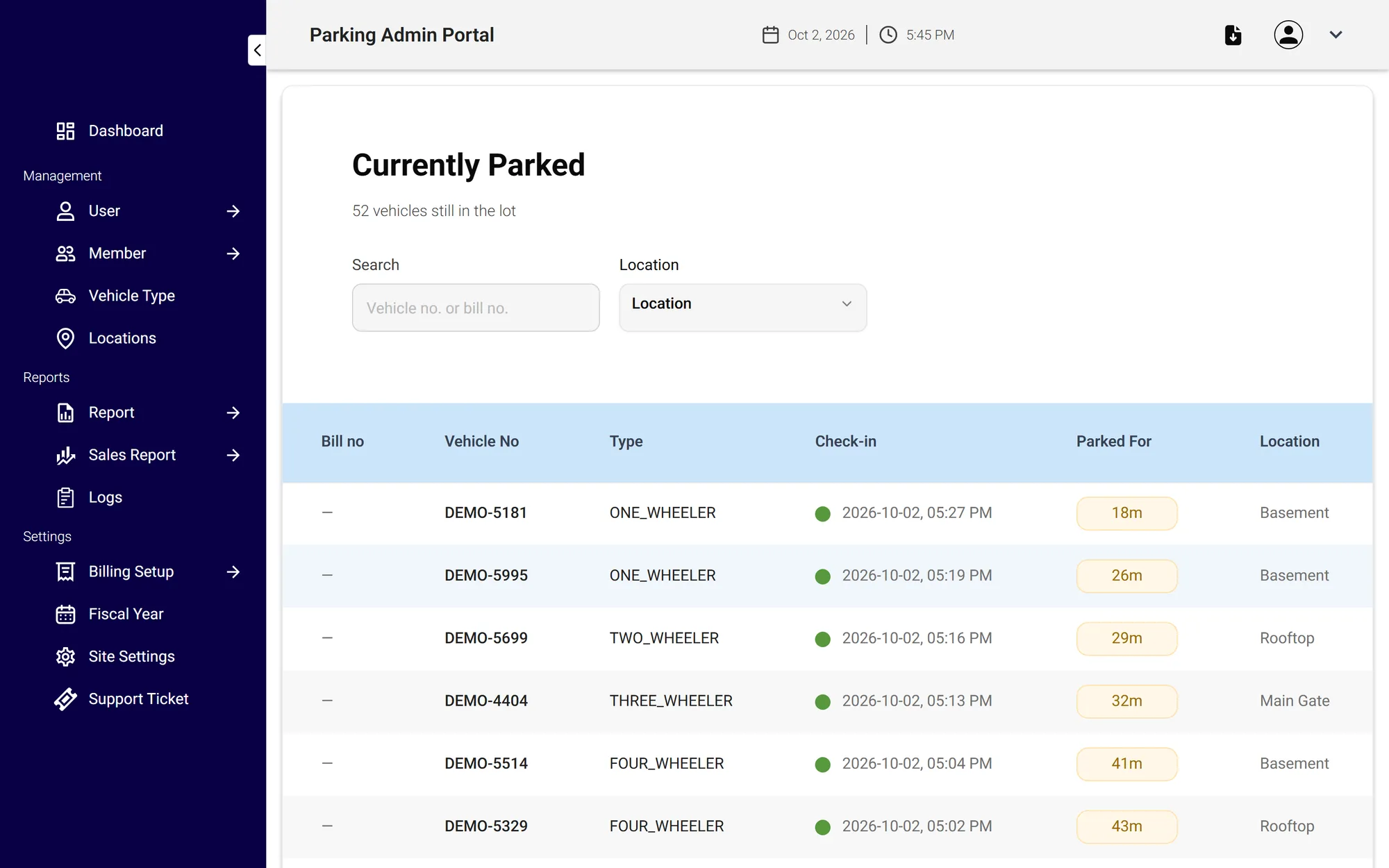 “Currently Parked” board with 52 demo vehicles, each with plate, type, check-in time, a live parked-for timer and location.